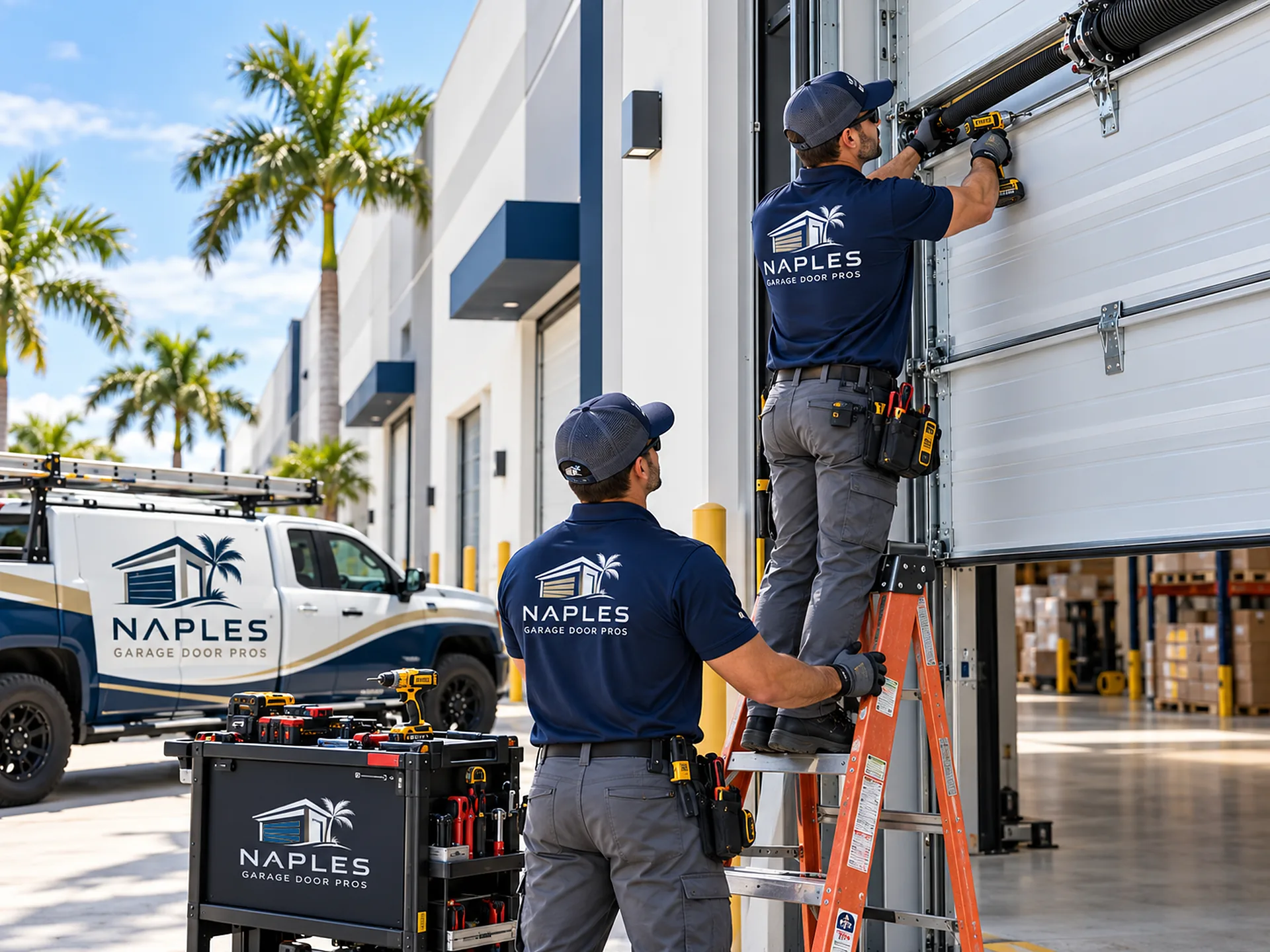 At a warehouse with loading docks, a technician on an orange ladder works on a door spring with a drill while a second technician holds the ladder; a lettered pickup and a tool cart parked nearby
