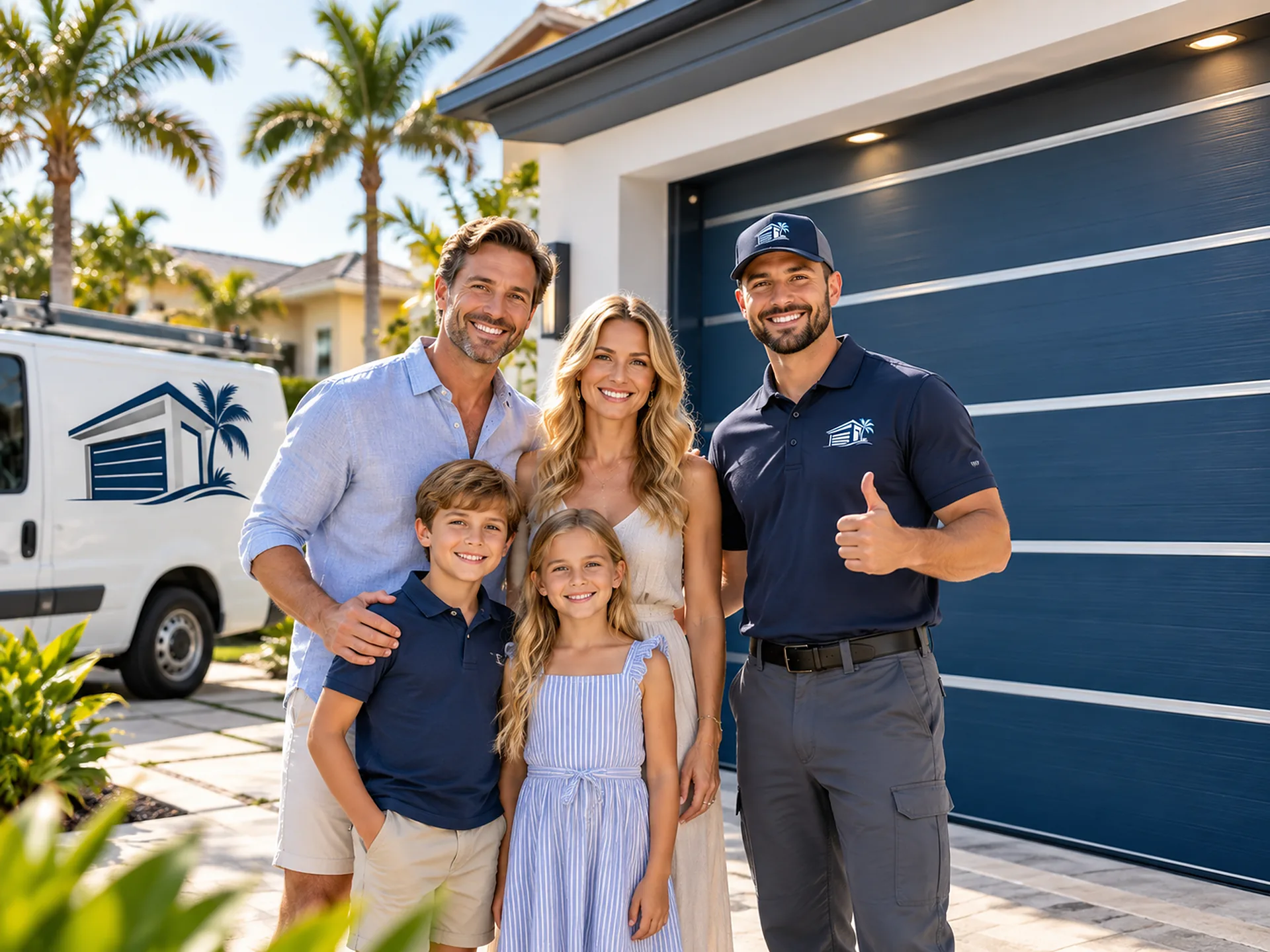 A technician giving a thumbs-up beside a family of four in front of a blue garage door