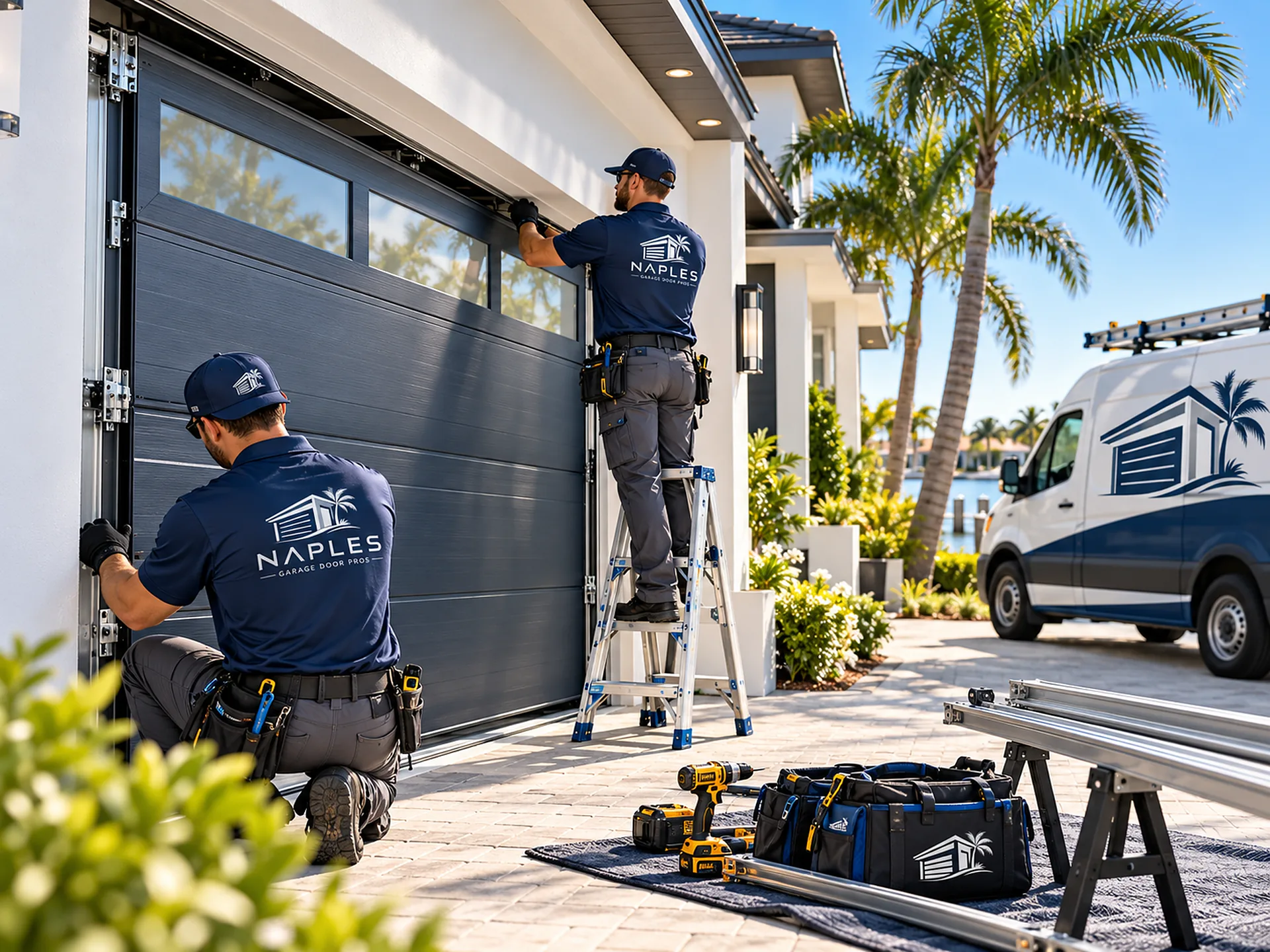 Two technicians work on a windowed sectional door, one kneeling at the bottom section and one on a ladder, with a canal and boat docks behind them