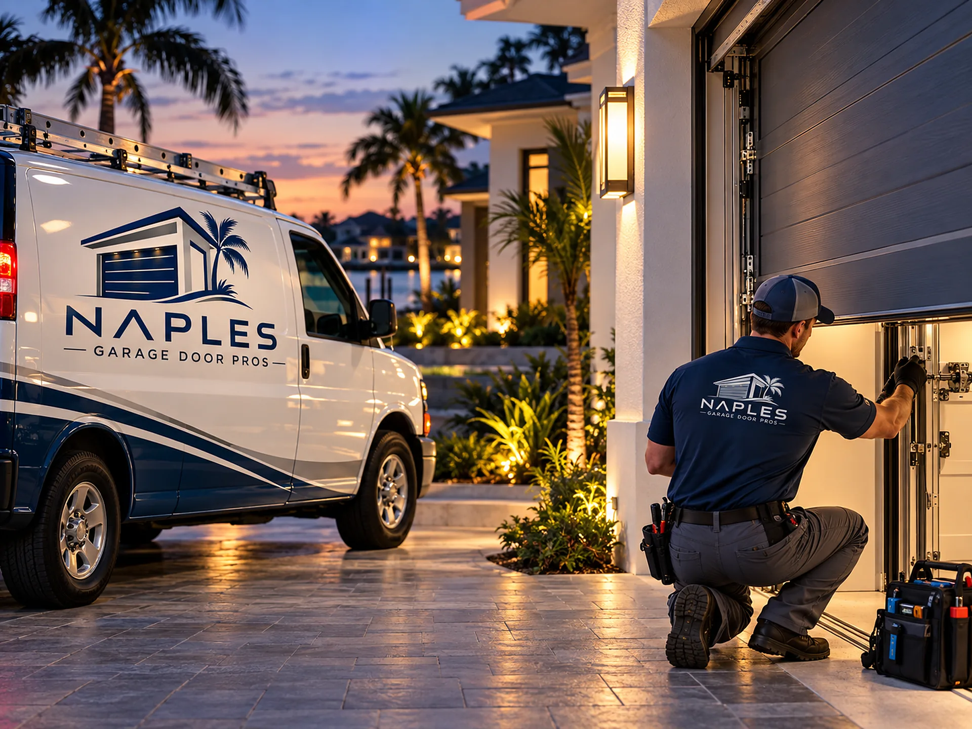 At sunset, a technician kneeling at a half-open garage door with the lights on inside, a lettered van beside him and lit homes across the water