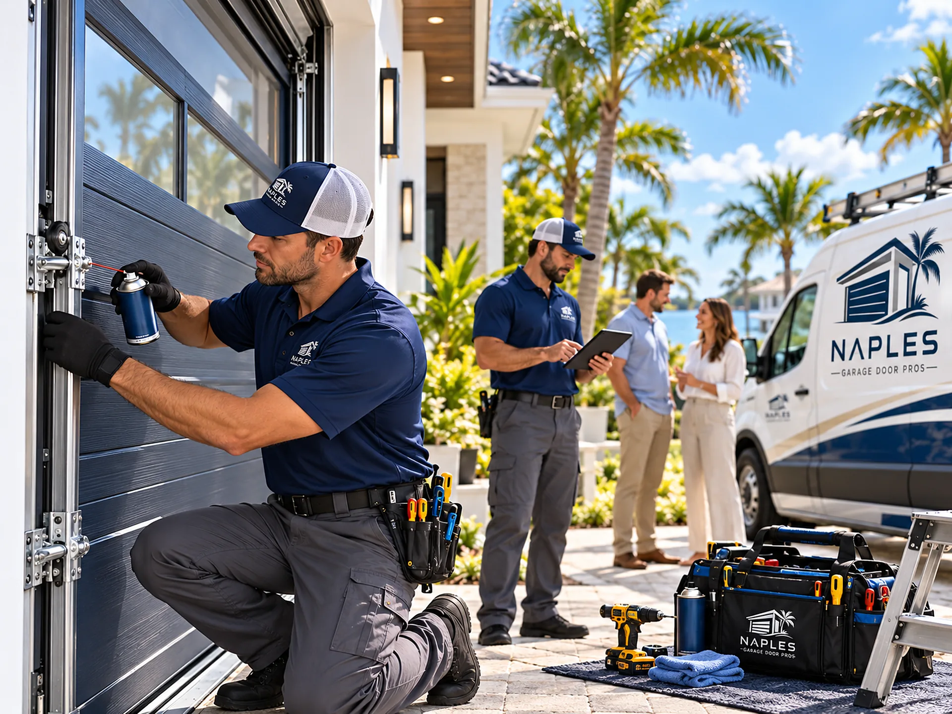 A technician kneels to spray lubricant on the hinges and rollers of a garage door while a second technician with a tablet talks with a couple; the company van and the water behind the house