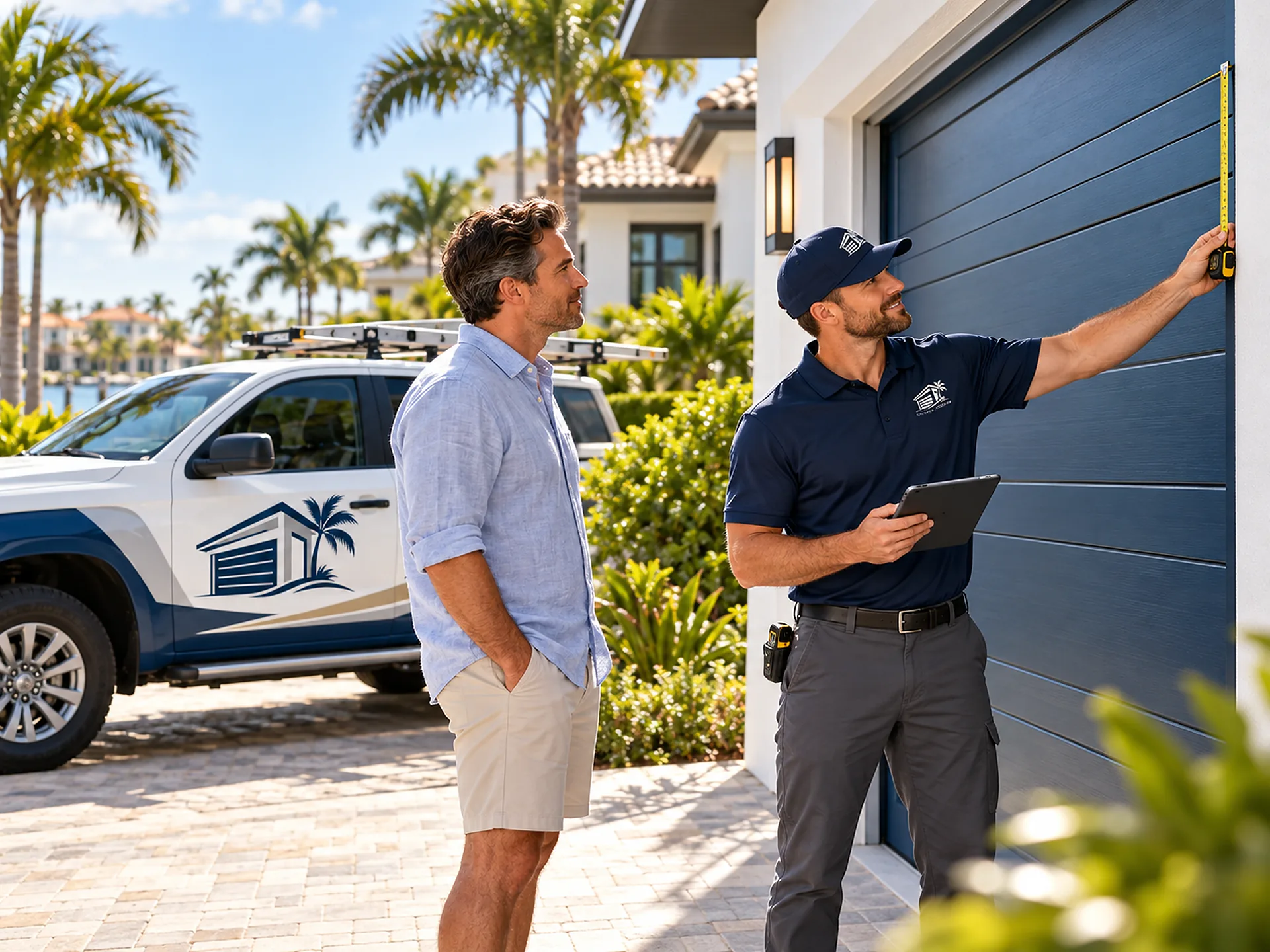 A technician runs a tape measure up the height of a garage door, tablet in his other hand, as a homeowner in a light blue shirt looks on; a pickup with the company emblem and a canal behind them